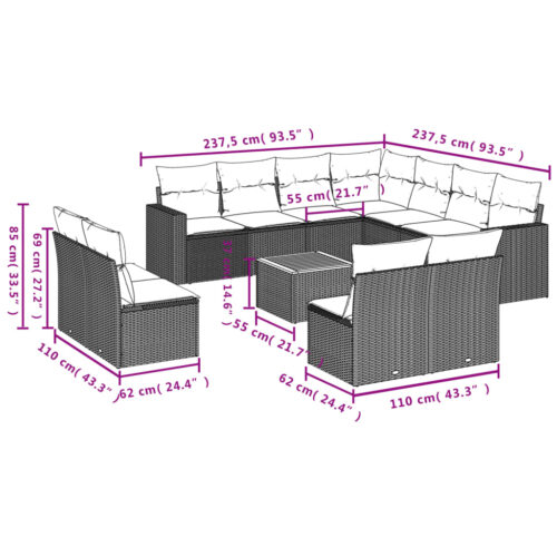 12-Piece Garden Sofa Set with Cushions Black Poly Rattan Wicker Outdoor Patio Furniture - Image 12