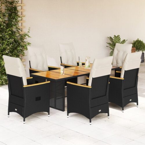 7-Piece Garden Bistro Set with Cushions Black Poly Rattan - Image 2
