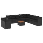 12-Piece Garden Sofa Set with Cushions Black Poly Rattan Wicker Outdoor Patio Furniture
