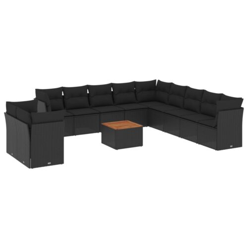 12-Piece Garden Sofa Set with Cushions Black Poly Rattan Wicker Outdoor Patio Furniture - Image 5