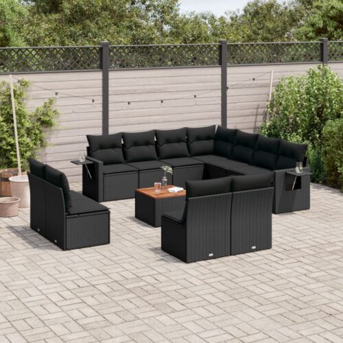 12-Piece Garden Sofa Set with Cushions Black Poly Rattan Wicker Outdoor Patio Furniture - Image 2