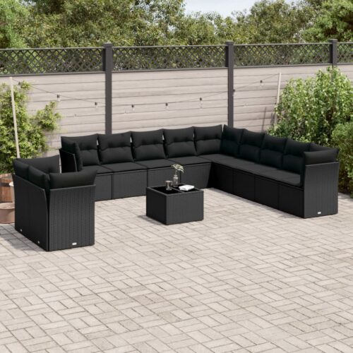 12-Piece Garden Sofa Set with Cushions Black Poly Rattan Wicker Outdoor Patio Furniture - Image 2