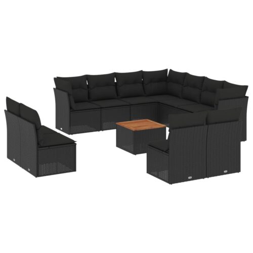 12-Piece Garden Sofa Set with Cushions Black Poly Rattan Wicker Outdoor Patio Furniture