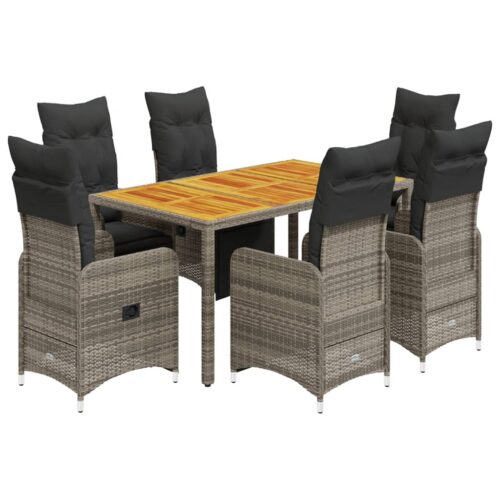 7-Piece Garden Bistro Set with Cushions Grey Poly Rattan Wicker Outdoor Patio Furniture