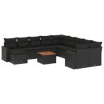 12-Piece Garden Sofa Set with Cushions Black Poly Rattan Wicker Outdoor Patio Furniture