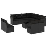 12-Piece Garden Sofa Set with Cushions Black Poly Rattan Wicker Outdoor Patio Furniture