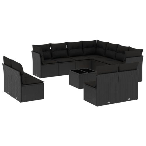 12-Piece Garden Sofa Set with Cushions Black Poly Rattan Wicker Outdoor Patio Furniture - Image 5