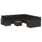 12-Piece Garden Sofa Set with Cushions Black Poly Rattan Wicker Outdoor Patio Furniture