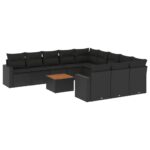 12-Piece Garden Sofa Set with Cushions Black Poly Rattan Wicker Outdoor Patio Furniture