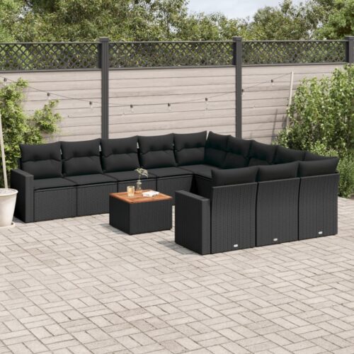 12-Piece Garden Sofa Set with Cushions Black Poly Rattan Wicker Outdoor Patio Furniture - Image 2