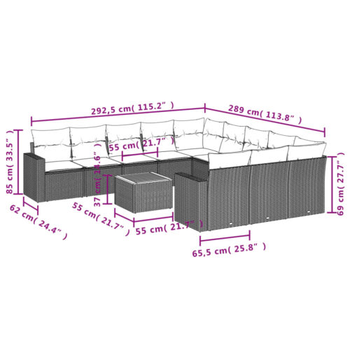 12-Piece Garden Sofa Set with Cushions Black Poly Rattan Wicker Outdoor Patio Furniture - Image 12