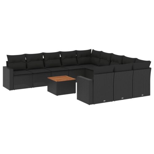 12-Piece Garden Sofa Set with Cushions Black Poly Rattan Wicker Outdoor Patio Furniture - Image 14