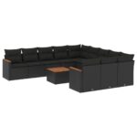 12-Piece Garden Sofa Set with Cushions Black Poly Rattan Wicker Outdoor Patio Furniture