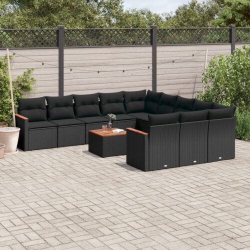 12-Piece Garden Sofa Set with Cushions Black Poly Rattan Wicker Outdoor Patio Furniture - Image 2
