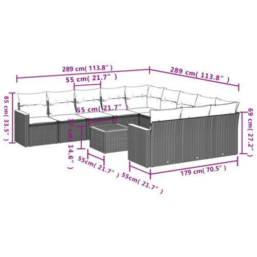 12-Piece Garden Sofa Set with Cushions Black Poly Rattan Wicker Outdoor Patio Furniture - Image 3