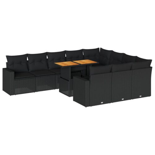 11-Piece Garden Sofa Set with Cushions Black Poly Rattan Wicker Outdoor Patio Furniture
