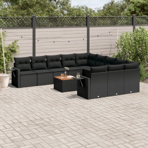 12-Piece Garden Sofa Set with Cushions Black Poly Rattan Wicker Outdoor Patio Furniture - Image 2