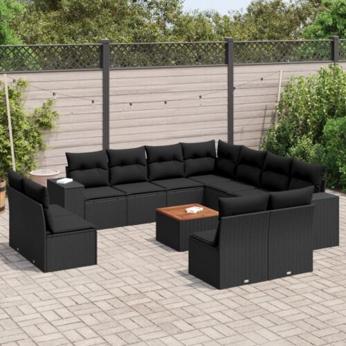 12-Piece Garden Sofa Set with Cushions Black Poly Rattan Wicker Outdoor Patio Furniture - Image 2