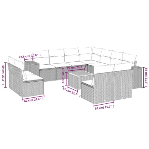 12-Piece Garden Sofa Set with Cushions Black Poly Rattan Wicker Outdoor Patio Furniture - Image 3