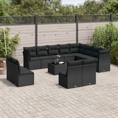 13-Piece Garden Sofa Set with Cushions Black Poly Rattan - Image 2