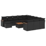 13-Piece Garden Sofa Set with Cushions Black Poly Rattan Wicker Outdoor Patio Furniture
