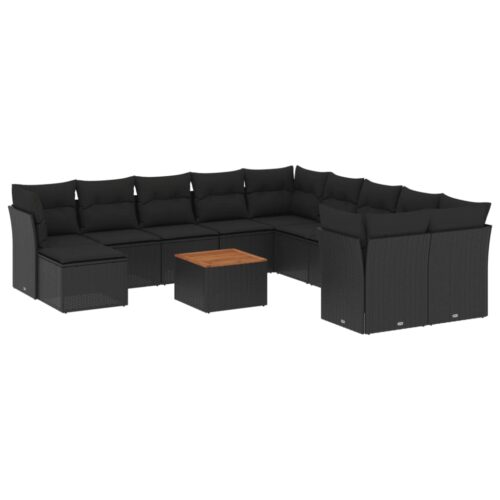 12-Piece Garden Sofa Set with Cushions Black Poly Rattan Wicker Outdoor Patio Furniture