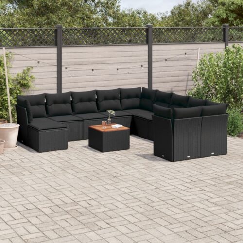 12-Piece Garden Sofa Set with Cushions Black Poly Rattan Wicker Outdoor Patio Furniture - Image 2