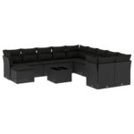 12-Piece Garden Sofa Set with Cushions Black Poly Rattan Wicker Outdoor Patio Furniture