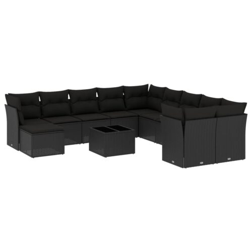 12-Piece Garden Sofa Set with Cushions Black Poly Rattan Wicker Outdoor Patio Furniture