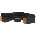 12-Piece Garden Sofa Set with Cushions Black Poly Rattan Wicker Outdoor Patio Furniture