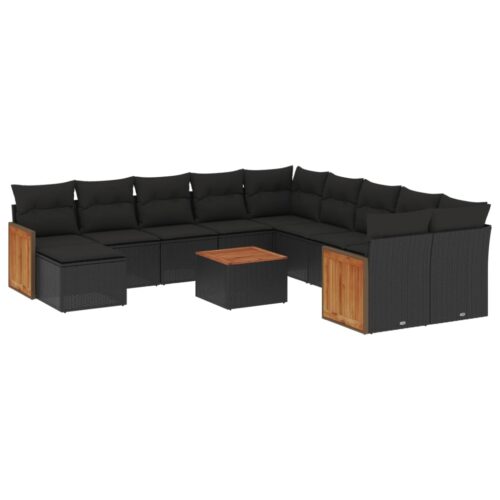 12-Piece Garden Sofa Set with Cushions Black Poly Rattan Wicker Outdoor Patio Furniture