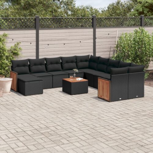 12-Piece Garden Sofa Set with Cushions Black Poly Rattan Wicker Outdoor Patio Furniture - Image 2