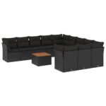 12-Piece Garden Sofa Set with Cushions Black Poly Rattan Wicker Outdoor Patio Furniture