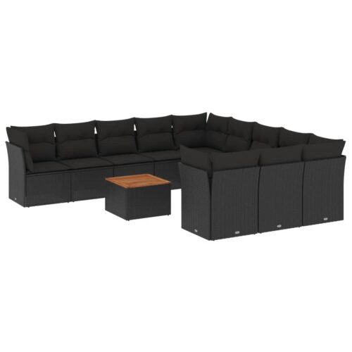 12-Piece Garden Sofa Set with Cushions Black Poly Rattan Wicker Outdoor Patio Furniture
