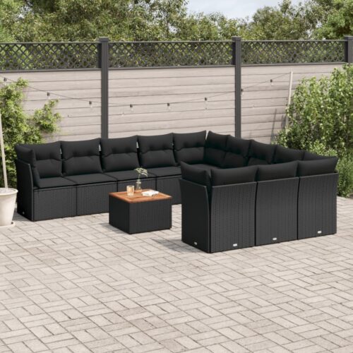 12-Piece Garden Sofa Set with Cushions Black Poly Rattan Wicker Outdoor Patio Furniture - Image 2