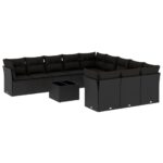 12-Piece Garden Sofa Set with Cushions Black Poly Rattan Wicker Outdoor Patio Furniture