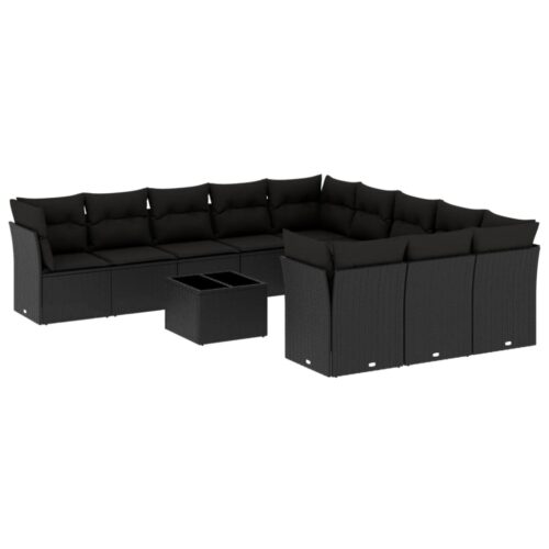 12-Piece Garden Sofa Set with Cushions Black Poly Rattan Wicker Outdoor Patio Furniture