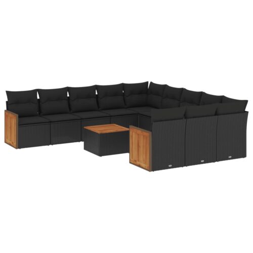 12-Piece Garden Sofa Set with Cushions Black Poly Rattan Wicker Outdoor Patio Furniture - Image 5