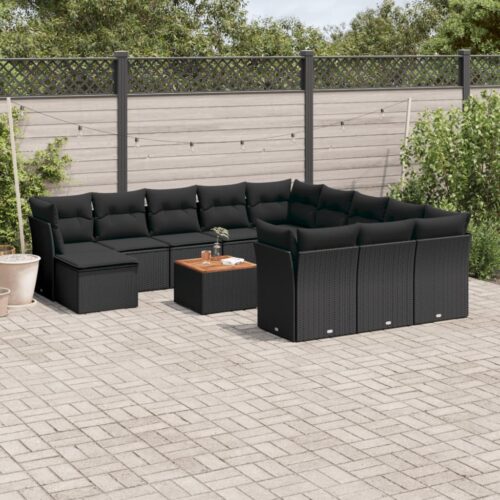 13-Piece Garden Sofa Set with Cushions Black Poly Rattan Wicker Outdoor Patio Furniture - Image 2
