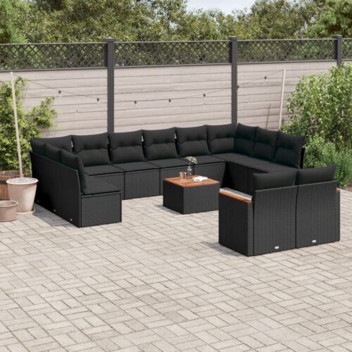 13-Piece Garden Sofa Set with Cushions Black Poly Rattan Wicker Outdoor Patio Furniture - Image 2