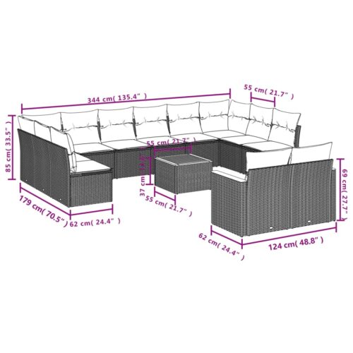 13-Piece Garden Sofa Set with Cushions Black Poly Rattan Wicker Outdoor Patio Furniture - Image 8