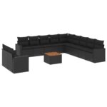 12-Piece Garden Sofa Set with Cushions Black Poly Rattan Wicker Outdoor Patio Furniture