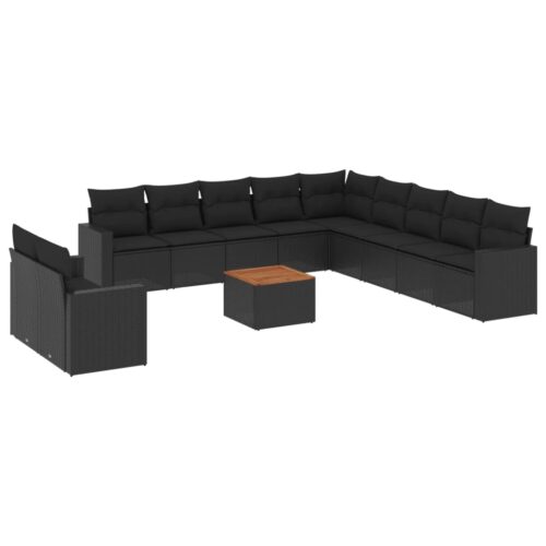 12-Piece Garden Sofa Set with Cushions Black Poly Rattan Wicker Outdoor Patio Furniture
