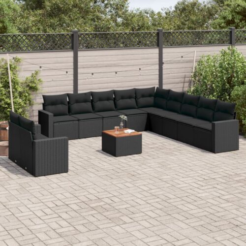 12-Piece Garden Sofa Set with Cushions Black Poly Rattan Wicker Outdoor Patio Furniture - Image 2