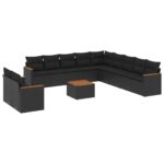 12-Piece Garden Sofa Set with Cushions Black Poly Rattan Wicker Outdoor Patio Furniture