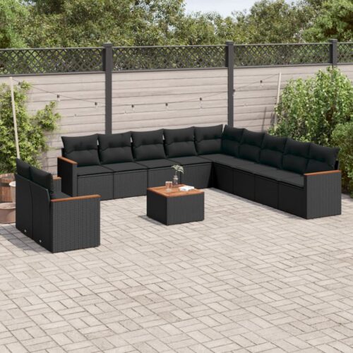 12-Piece Garden Sofa Set with Cushions Black Poly Rattan Wicker Outdoor Patio Furniture - Image 2