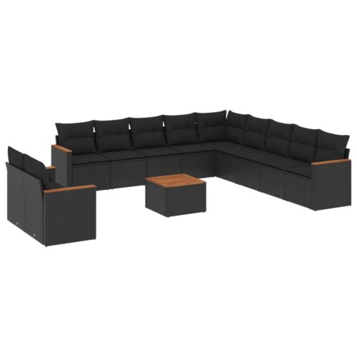 12-Piece Garden Sofa Set with Cushions Black Poly Rattan Wicker Outdoor Patio Furniture - Image 5