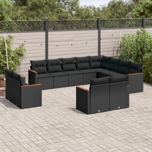 12-Piece Garden Sofa Set with Cushions Black Poly Rattan - Image 2