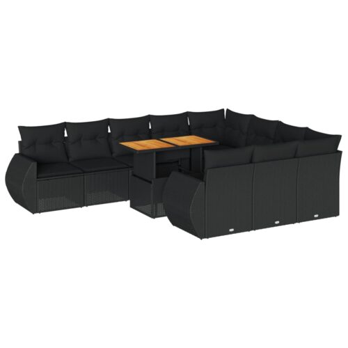 11-Piece Garden Sofa Set with Cushions Black Poly Rattan Wicker Outdoor Patio Furniture