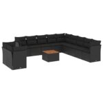 12-Piece Garden Sofa Set with Cushions Black Poly Rattan Wicker Outdoor Patio Furniture